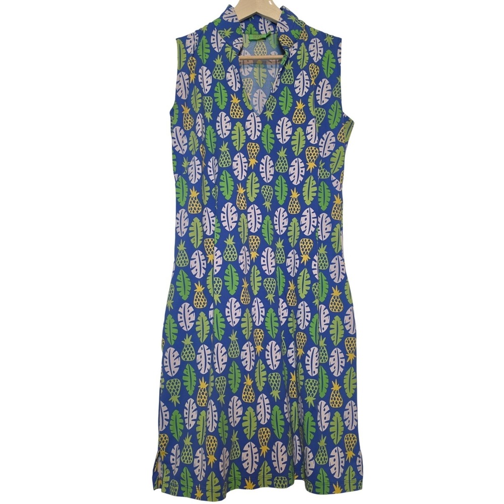 Katherine WAY Pineapple Leaf Print Sleeveless V-Neck Shift Dress Blue Small